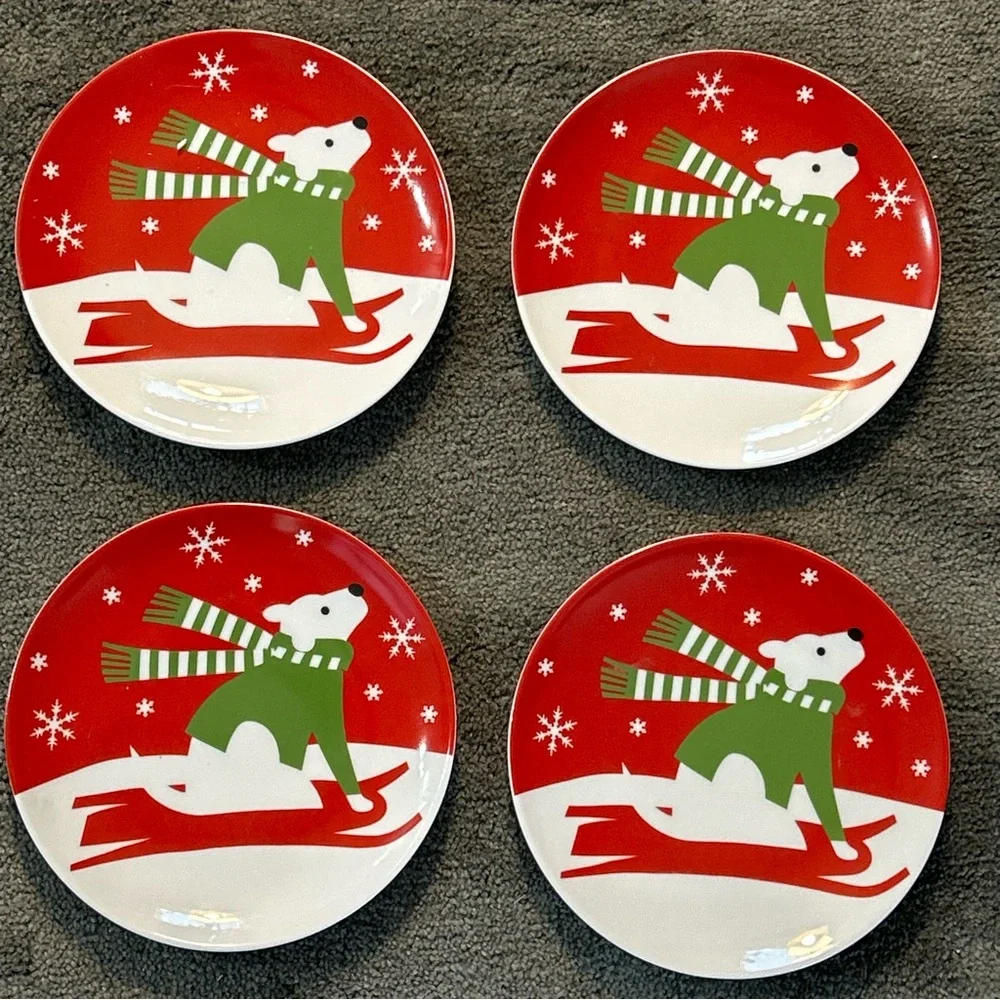 Crate and Barrel Sledding Bears Snack Plates Set of 4 Christmas Winter